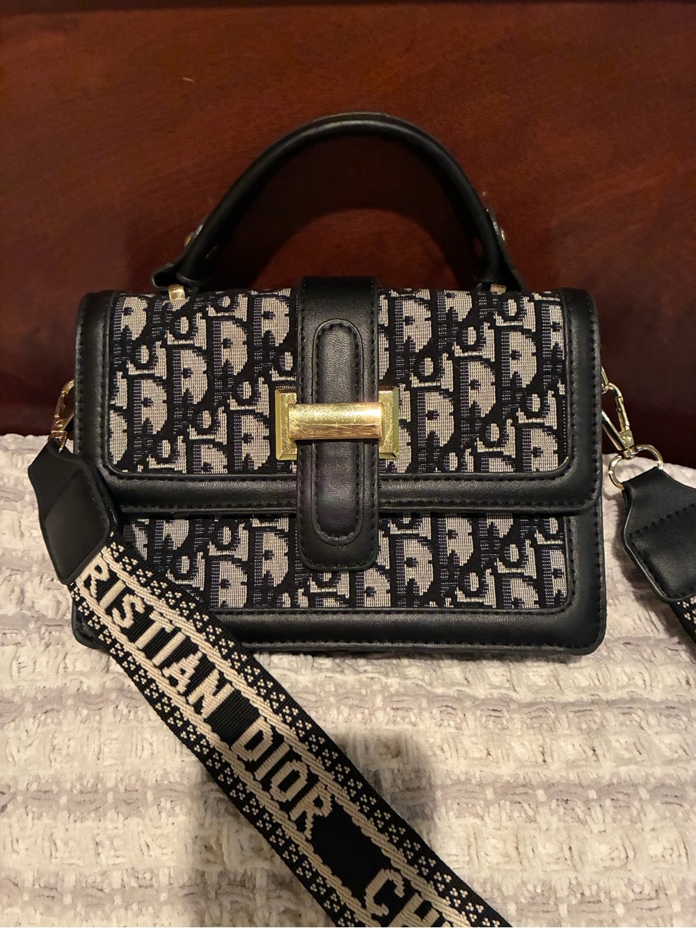 Vintage Navy and Beige Canvas Satchel with Top Handle and Detachable Strap